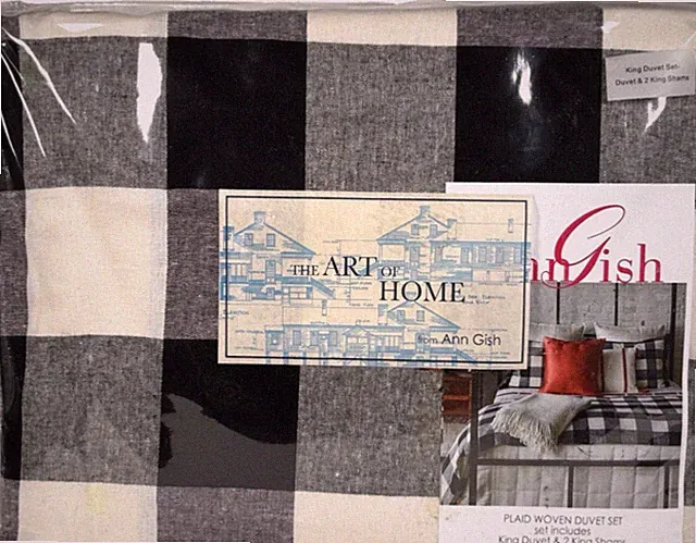 Ann Gish The Art of Home~Plaid Woven~KING Duvet Set w/ 2 Shams~Black/White~NWT~