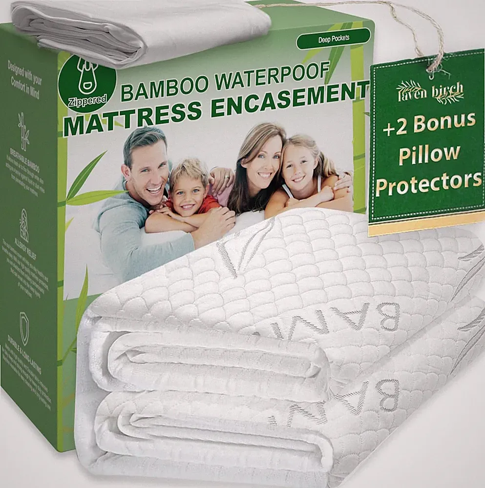 Bamboo Rayon Mattress Protector with Zipper + 2 Pillow Protectors - 100% Waterpr