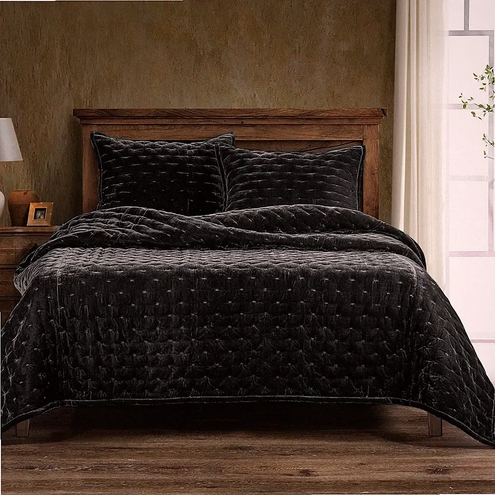 Black Stella Faux Silk Velvet Pintuck Country Cottage King 3 Pc Quilt Bed Set