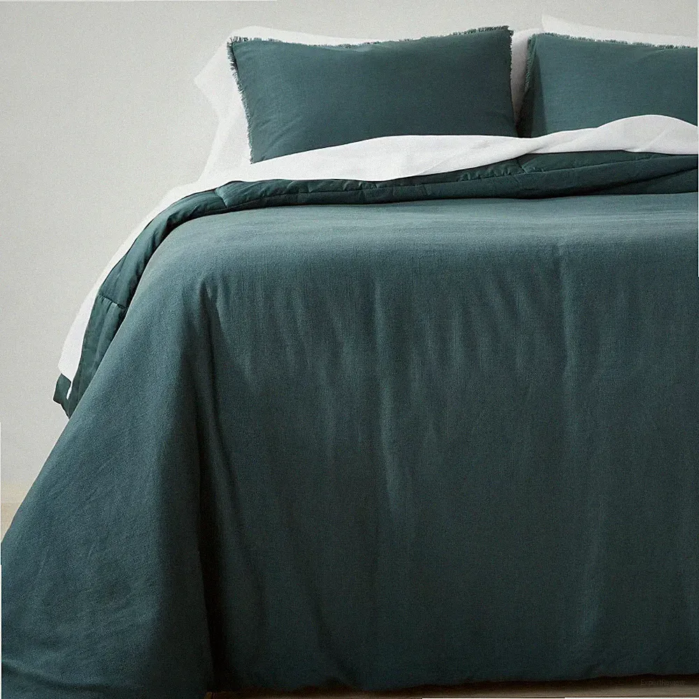 Full/Queen Heavyweight Linen Blend Comforter & Sham Set Dark Teal Blue