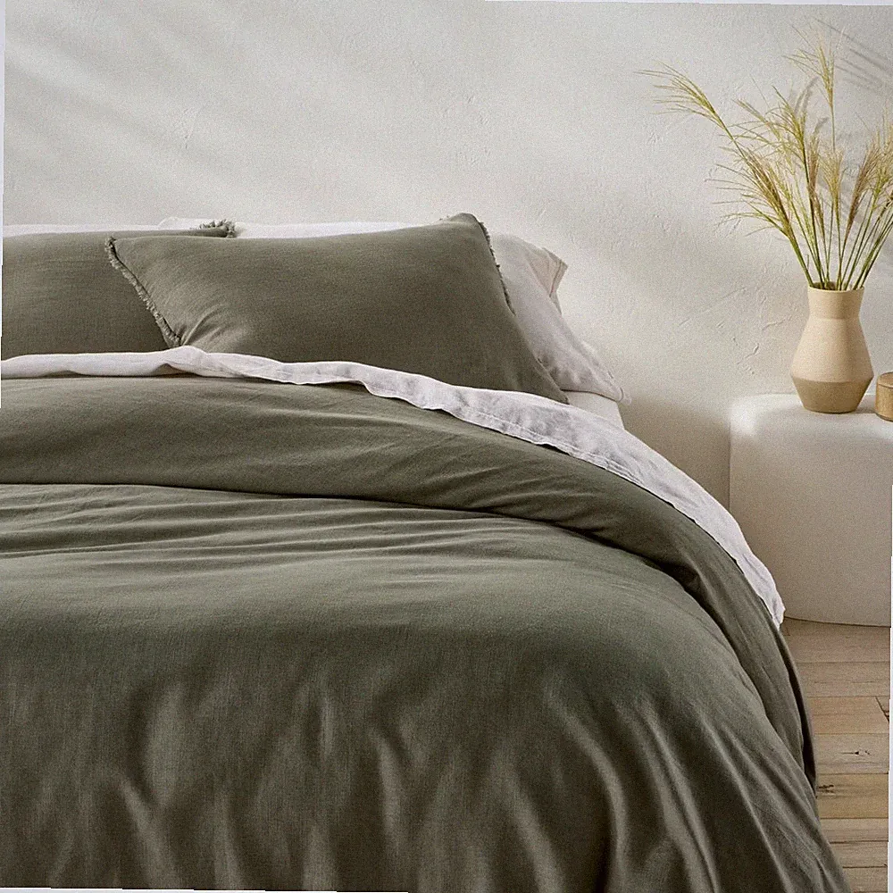 King Heavyweight Linen Blend Duvet Cover and Sham Set Olive Green