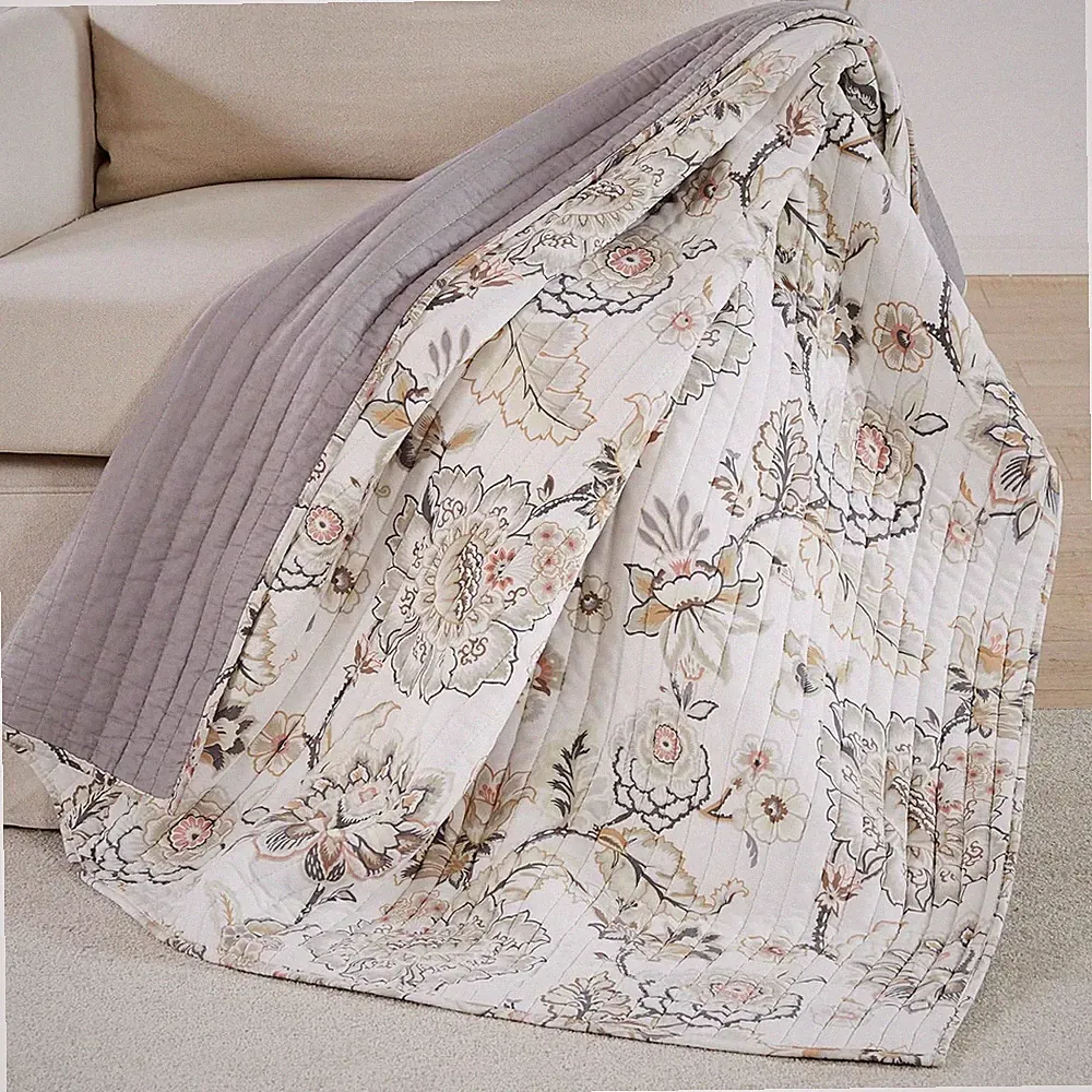 Ophelia Floral Throw Blanket - Taupe Grey Cream Blush 50x60in Rayon/Cotton