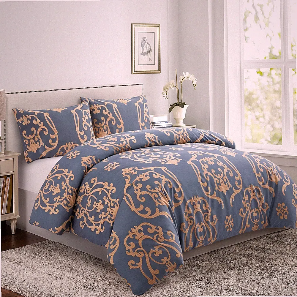 Rayon from Bamboo Bedding Printed 3 Piece Duvet Cover Set, Gold Damask Navy King