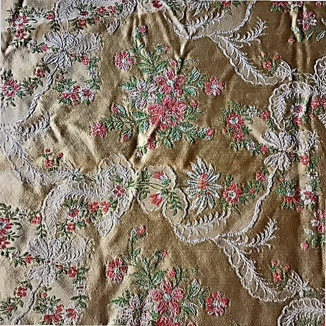 VINT FRENCH LISERE COLORFUL BROCADE FLORAL BED COVER 82" X 96" FRINGED EXC COND