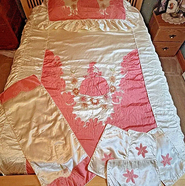 Vintage 1940's LUXE Rayon "Old Hollywood" Boudoir Chenille Bedspread Set 7 pc